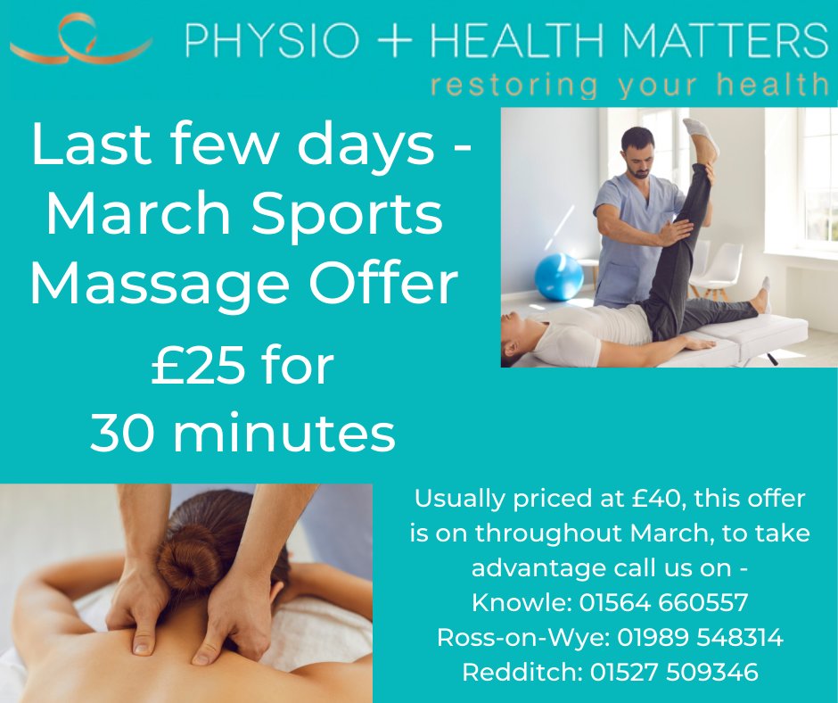PhysioAndHealth's tweet photo. Last chance …. Sports Massage Offer 
It is the last few days of our offer, for more information go to https://t.co/ihlxsFnHIJ
or call us to make a booking. 
#Physioandhealthmatters #Rossonwye #Knowle #Redditch #Sportmassage #Offers #Loosemuscles https://t.co/tUuusaac8y