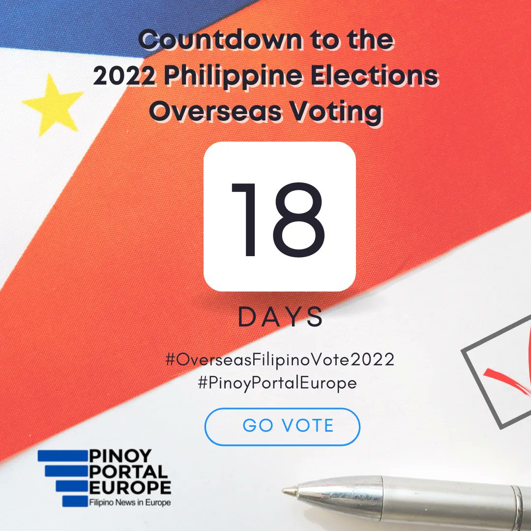 PinoyPortalEU's tweet photo. It's 18 days to go before you can vote in the 2022 Philippine elections. 
Vote wisely!

#MigrantVoteMatters
#OverseasFilipinoVote2022
#PinoyPortalEurope https://t.co/7lwISk2nfu