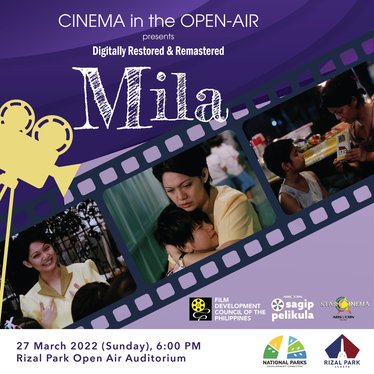 SagipPelikula's tweet photo. FREE SCREENING at the Rizal Park Luneta!

Watch the digitally restored and remastered #MILA (2001), starring the Diamond Star - Ms. Maricel Soriano this Sunday, March 27, 2022, 6:00 p.m. at the Rizal Park Open Air Auditorium.

#SagipPelikula #NPDC #FDCP #StarCinema https://t.co/0zGsqNS41D