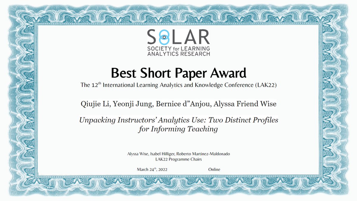 The Learning Analytics Research Network (@nyu_learn) on Twitter photo ⭐️Congratulations to <a href="/LiQiujiel/">qiujie li</a> Bernice d'Anjou <a href="/yeonji_jung/">Yeonji Jung</a> & <a href="/alywise/">Alyssa Friend Wise</a> for Best Short Paper Award at #LAK22 for their work "Unpacking Instructors' #LearningAnalytics Use: Two Distinct Profiles for Informing Teaching" ⭐️ ⭐️Congratulations to <a href="/LiQiujiel/">qiujie li</a> Bernice d'Anjou <a href="/yeonji_jung/">Yeonji Jung</a> & <a href="/alywise/">Alyssa Friend Wise</a> for Best Short Paper Award at #LAK22 for their work "Unpacking Instructors' #LearningAnalytics Use: Two Distinct Profiles for Informing Teaching" ⭐️