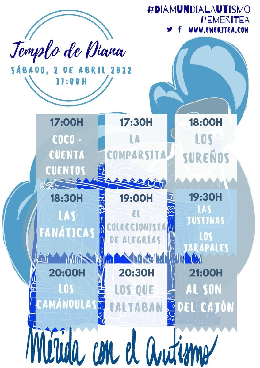 Aquí os dejamos el orden de las actuaciones que tendremos el día 2 en el Templo de Diana. Queremos dar las gracias a todas y cada una de las personas que no han dudado ni un momento en poner su granito de arena, para este día tan importante para nosotros 💙
 #DíaMundialAutismo