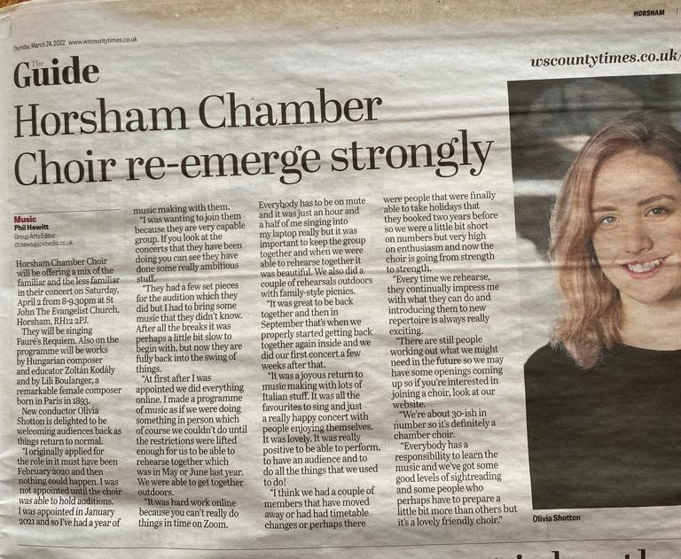 Thank you <a href="/marathon_addict/">Phil Hewitt</a> for this super interview with Olivia Shotton <a href="/ShottonLiv/">Olivia Shotton</a>, our new Royal Academy conductor, in <a href="/wscountytimes/">West Sussex County Times</a> this week. Buy your tickets for our April 2 concert from our website, see bio. #horsham #choralmusic #faure #musicforreflection