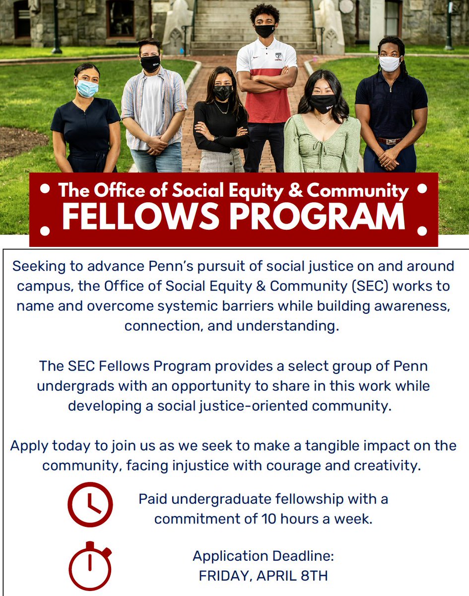 SECPenn's tweet image. We are now accepting application for the Office of Social Equity and Community Fellows Program! Visit sec.upenn.edu for more information!
