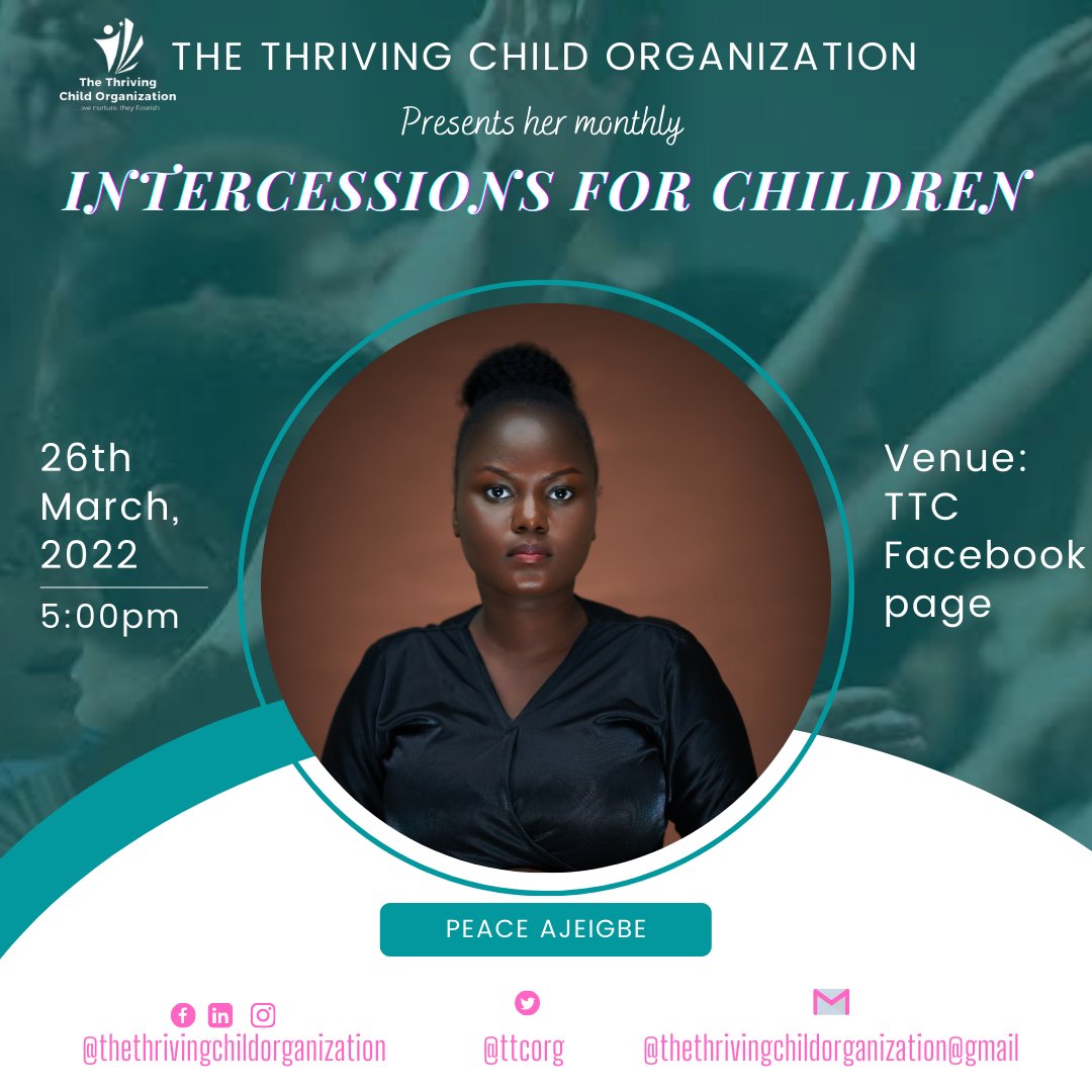 Join us tomorrow for our monthly intercessions for children by 5pm on our Facebook page. 

You can also send your prayer requests concerning your wards.

#prayers 
#prayersforchildren 
#intercession 
#ngo
#ttcorg