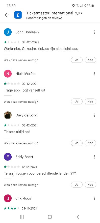 _K_arin_'s tweet photo. @Ticketmaster_NL Dank voor de reactie. Het is de laatste versie van de app en ik heb een Samsung A52. Alles is geupdate. Maar 90 % vd reviews in de Play Store melden dezelfde ptoblemen. Wellicht afdeling ict hier eens op wijzen? https://t.co/HzVITSb1aN