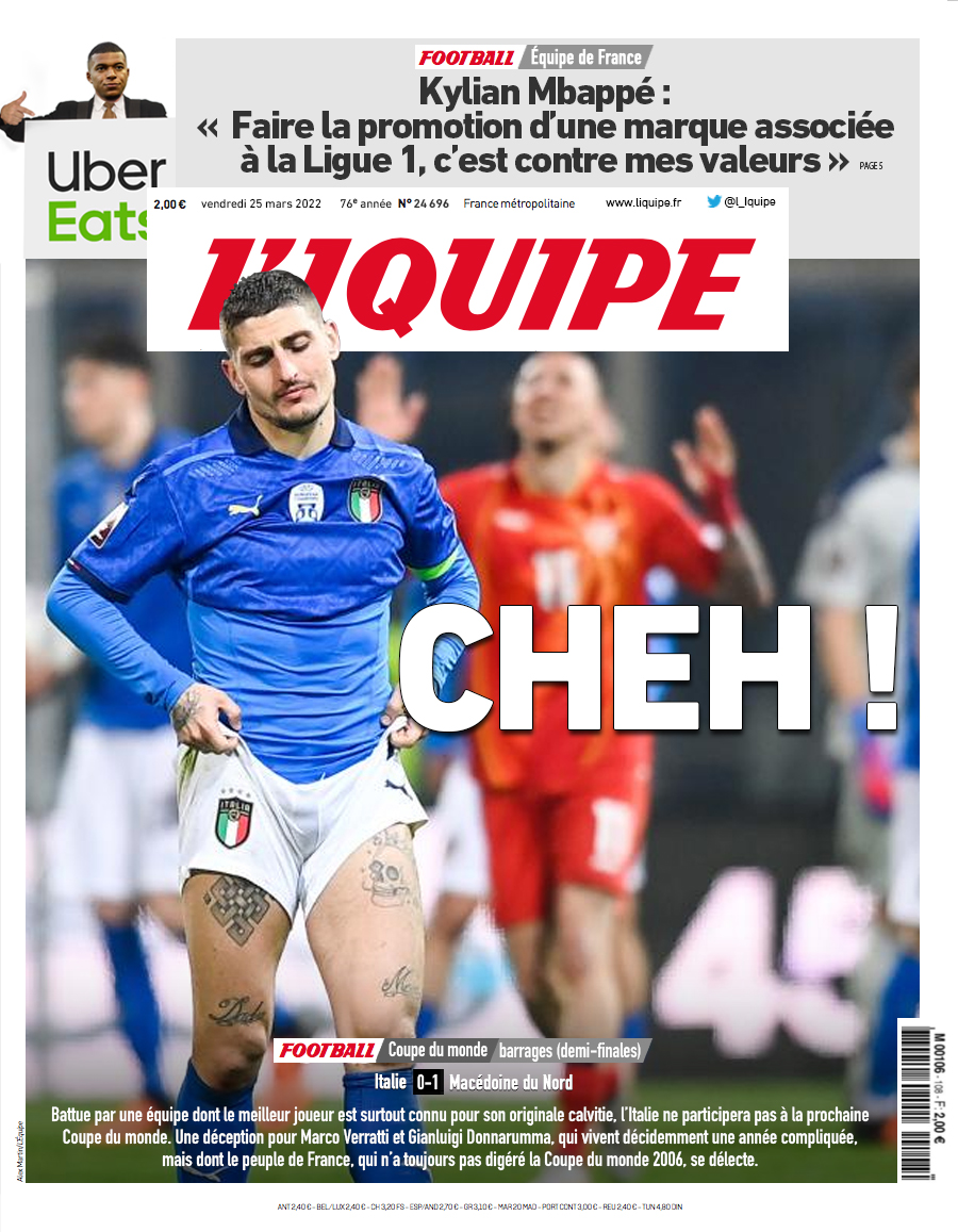L_iquipe's tweet image. Voici la une du journal L&apos;Iquipe du vendredi 25 mars : 

- #ITAMAC : arrivederci !
- #EquipedeFrance : la rançon de la gloire

#Italie #Macedoine #Mbappe #PasLeTempsDésolé