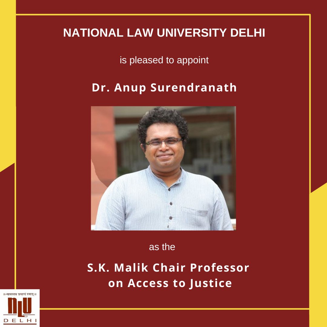 NLUDofficial's tweet image. We are pleased to announce that @asurendranath has been appointed as the S.K. Malik Chair Professor on Access to Justice. 

The Chair has been established with a view to promote teaching, research &amp;amp; advocacy in the field of legal aid &amp;amp; access to justice.

#NewChair #legalaid #law