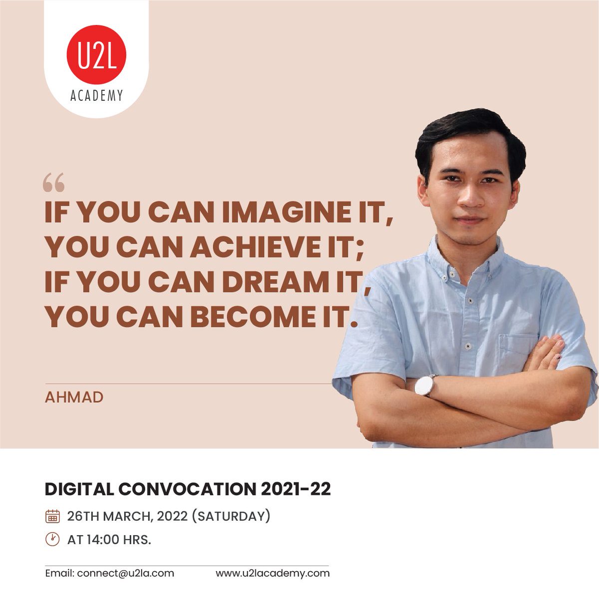 U2LAcademy's tweet photo. "If you can imagine it, you can achieve it;
If you can dream it, you can become it!"

U2L Academy - Digital Convocation Ceremony 2021-22.

Please do register and be a part of the event.
https://t.co/3Crib8Iu3s
#career #HR #opportunity #internship #convocation https://t.co/tER6E6agTf