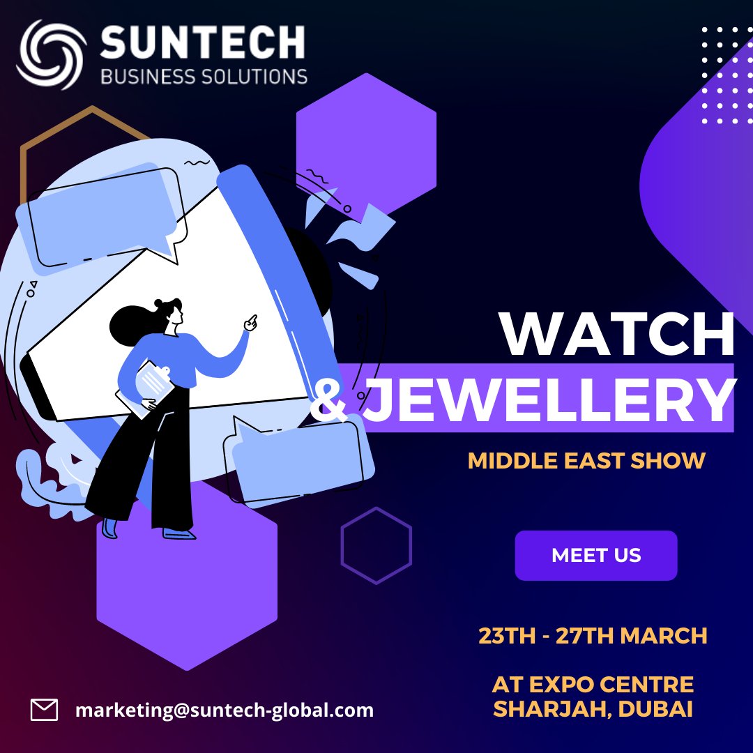 Our team is looking forward to a conversation with you at the watch & jewelry middle east show 2022, Sharjah. Join us to explore more about Suntech Solutions. 

#suntech #sharjah #event2022 #middleeastevents #jewellery #jewellerysolution