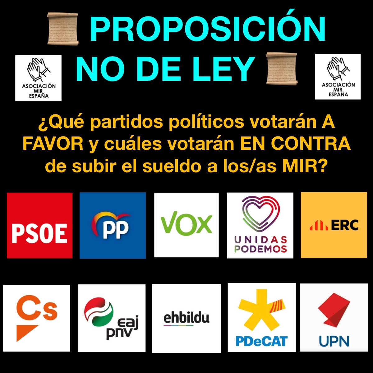 AsociacionMIRe's tweet photo. MARTES 29/03/22

Se votará en la Comisión de Sanidad del Congreso la PNL que el PDeCAT hizo sobre la subida de sueldo a los/as MIR a petición de la Asociación MIR España.

Se verá qué partidos:

- Están A FAVOR de los/as MIR 👍🏻
- Están EN CONTRA de los/as MIR 👎🏻

#MareaMIR https://t.co/pWefy95DQR