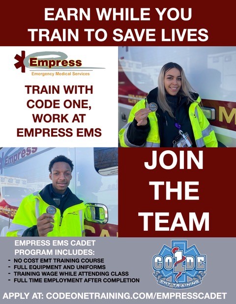 EmpressEMS's tweet photo. Introducing our new Earn Learn Cadet Program with Code One, we have partnered to offer you a NO COST EMT Course in both the Bronx (starting April 25) &amp; Poughkeepsie (starting May 16). Learn more and apply on the training website. #EMTCourse #EMT #TheBronx #Poughkeepsie #NYCHiring https://t.co/b886z8T1HJ