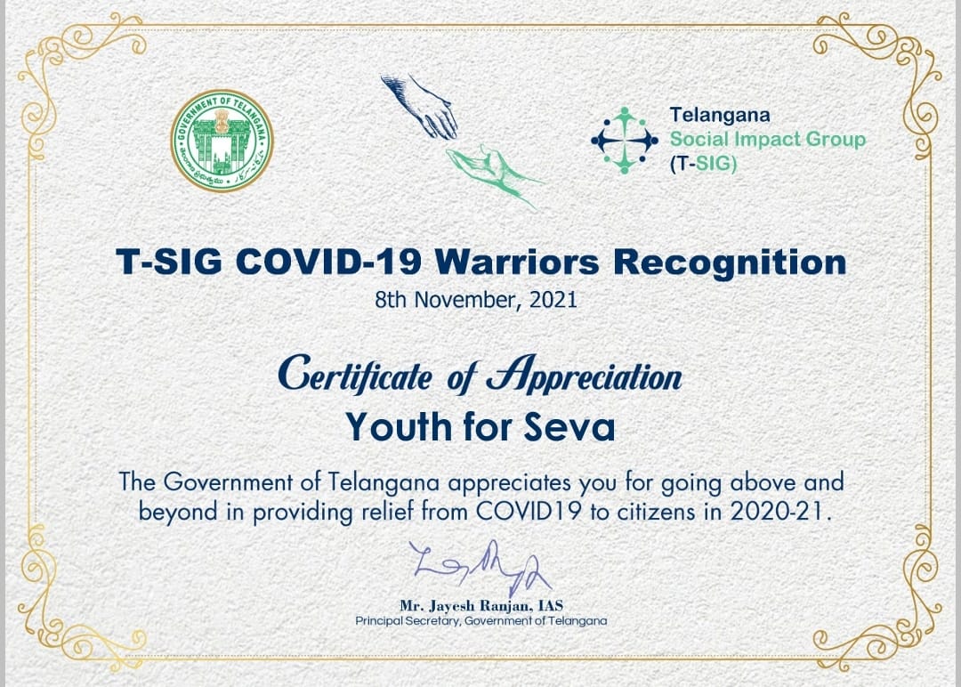 Youth For Seva is proud to receive - Certificate of Appreciation from Government of Telangana for our relief work during the tough times of Covid #YFS #YouthForSeva #COVID19 #covidrelief
Great going YFS Telengana!!🙏🙏