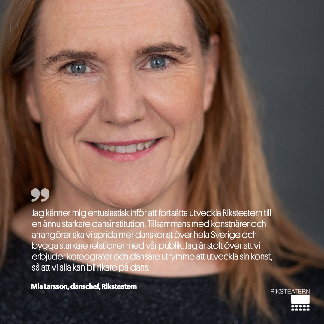 Riksteatern's tweet photo. Stort grattis till Mia Larsson som fått fortsatt förtroende som danschef hos oss på Riksteatern! Vi ser så mycket fram emot att följa ditt arbete som redan nu gör avtryck hos publik och arrangörer över hela landet.
#riksteatern #dans #danschef #scenkonst https://t.co/d48q5AX2Dl