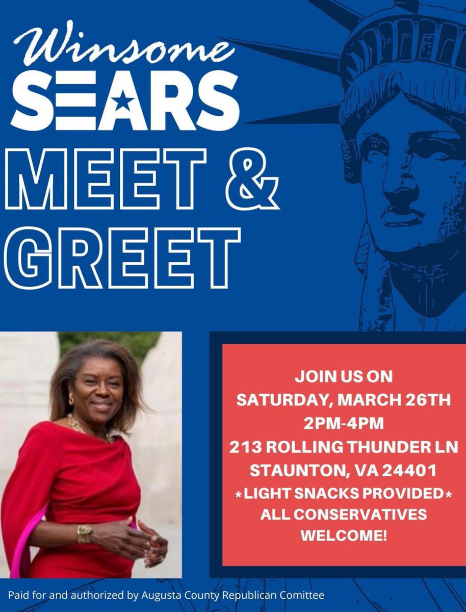 WaynesboroVAGOP's tweet photo. Don’t miss this opportunity to meet our wonderful Lieutenant Governor Winsome Sears!  
#winsomesears #virginiarepublicans https://t.co/gYBTvnws37