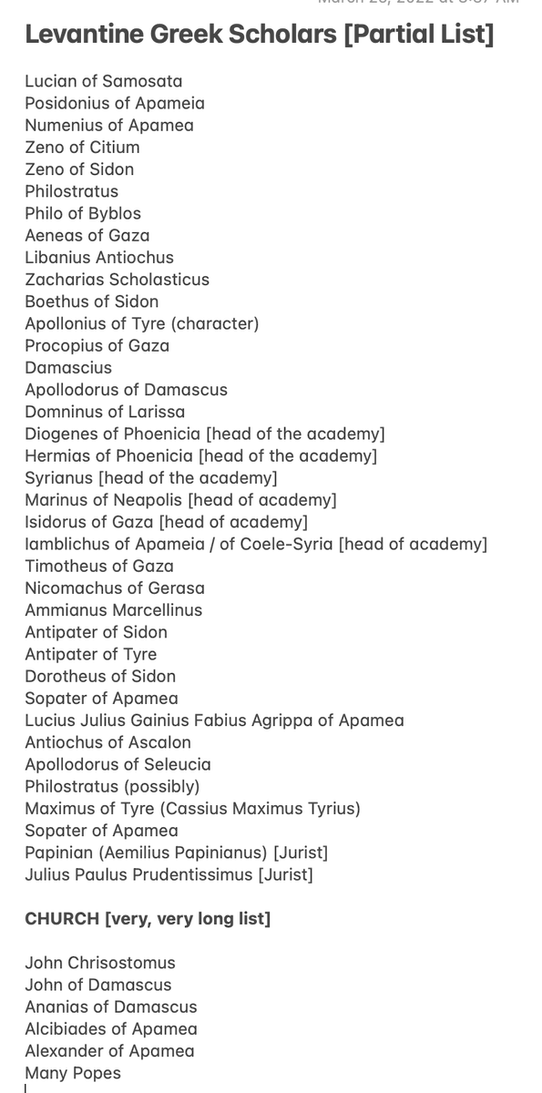 nntaleb's tweet photo. Thanks to Arabism, Syrian students are completely deprived of their Hellenistic contributions (less so in Lebanon). An entire swath of pre-Islamic history has been blotted out. 
1000 years of Hellenism erased by the Arabists. 
Below is the list of Greek-Levantine thinkers. https://t.co/Iqed5OlYqM