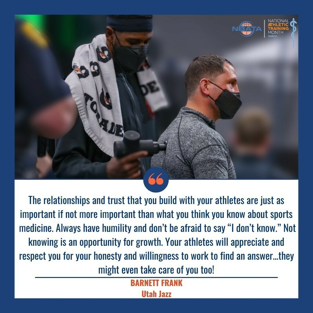 NBATA's tweet photo. Barnett Frank, Director of Performance Science / Assistant Athletic Trainer for @utahjazz, has been a member since 2018. Barnett makes sure the relationships come first and that they are a two way street!

#nbata #natm2022 #nata #athletictraining #provid… https://t.co/AustL2IdgF https://t.co/OqZkUjaaOJ