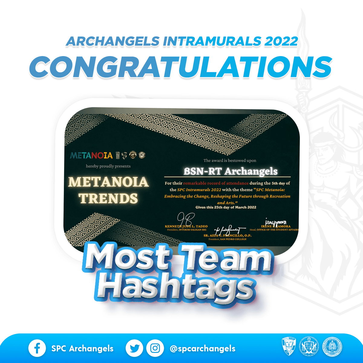bsnarchangels's tweet photo. 𝘼𝙣𝙜𝙚𝙡𝙨 𝙖𝙧𝙚 𝙗𝙤𝙧𝙣 𝙩𝙤 𝙬𝙞𝙣! 𝙩𝙤 𝙩𝙝𝙧𝙞𝙫𝙚 𝙖𝙣𝙙 𝙙𝙤𝙢𝙞𝙣𝙖𝙩𝙚 𝙞𝙣 𝙩𝙝𝙚 𝙬𝙞𝙣𝙙 👼

We are honored to announce the awards of this year's Archangels Intramurals winners! 🥳🤍💙

#SPCApolakiAAyOki
#SPCHiyas
#SPCIntramurals2022
#SPCMetanoia https://t.co/79t6KYWRXp