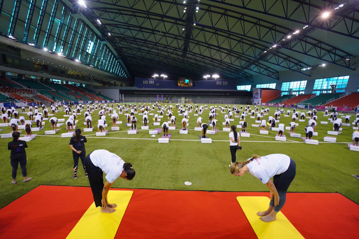 IndEmbDoha's tweet photo. A proud and historic moment for Indian Community and Qatar as we make it to Guinness World Record after Indian Sports Centre successfully conducted a yoga lesson for 114 nationalities at @aspirezone @MEAIndia @MofaQatar_EN @PMOIndia @moayush #gwr2022 #GWRYoga2022 https://t.co/MGF1qE0guW