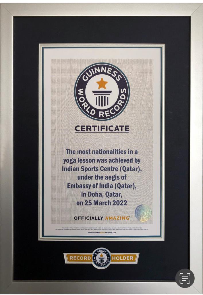 IndEmbDoha's tweet photo. A proud and historic moment for Indian Community and Qatar as we make it to Guinness World Record after Indian Sports Centre successfully conducted a yoga lesson for 114 nationalities at @aspirezone @MEAIndia @MofaQatar_EN @PMOIndia @moayush #gwr2022 #GWRYoga2022 https://t.co/MGF1qE0guW