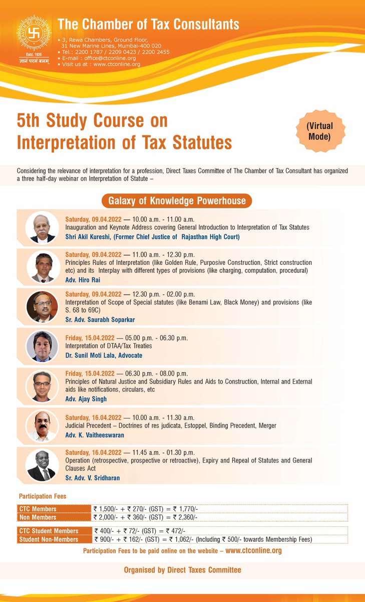 CTCConnect's tweet image. 5th Study Course on Interpretation of Tax Statutes
#studycourse #interpretation

CTC Member:- bit.ly/3Kz6YH2
Non-Member:- bit.ly/3hX2hKU

Student Member:- bit.ly/3tDPnqw
Student Non-Member- Form: bit.ly/3sX8lcn 
NEFT- bit.ly/3sYvTOb