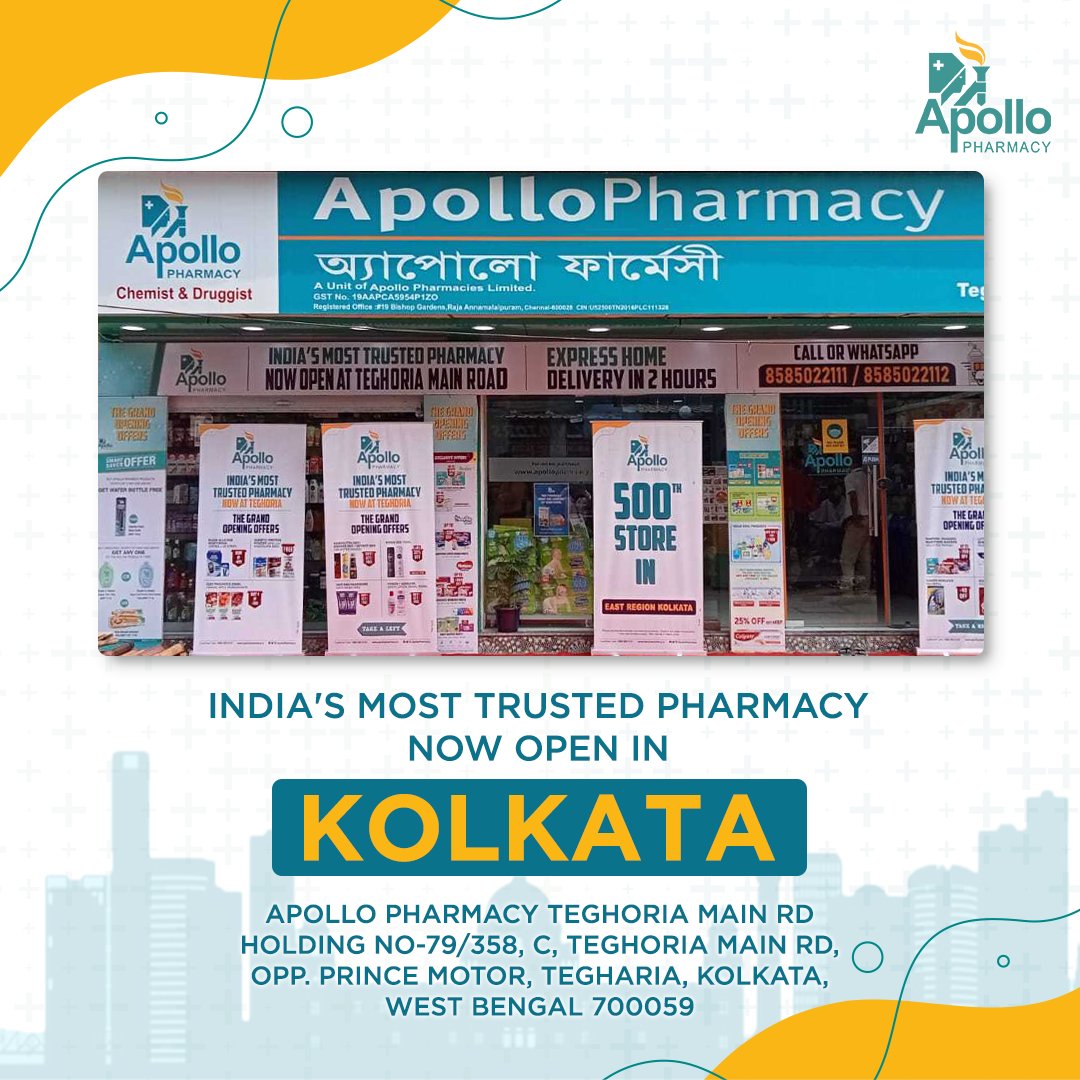 ApolloPharmacy's tweet photo. Bringing your health essentials closer to you! Get all your medicines, lifestyle items and more at our newest store in Kolkata!
๐ https://t.co/AgSGp2hJOx
#ApolloPharmacy #ApolloNearYou #ApolloPharmacyNearYou #Kolkata #NewStore #NewPharmacy #Healthcare #Essentials https://t.co/JoWZDHkcXo
