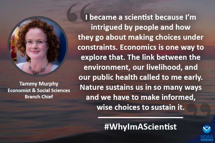 NOAAFish_NEFSC's tweet photo. We asked Economist & Social Sciences Branch Chief Tammy Murphy (@tammybmurphy) why she became a scientist. She said she’s intrigued by people and why/how they make the choices they do and that economics is one way to explore that. #WomensHistoryMonth #WomenOfNOAA #WhyImAScientist https://t.co/SXAX1zFmst