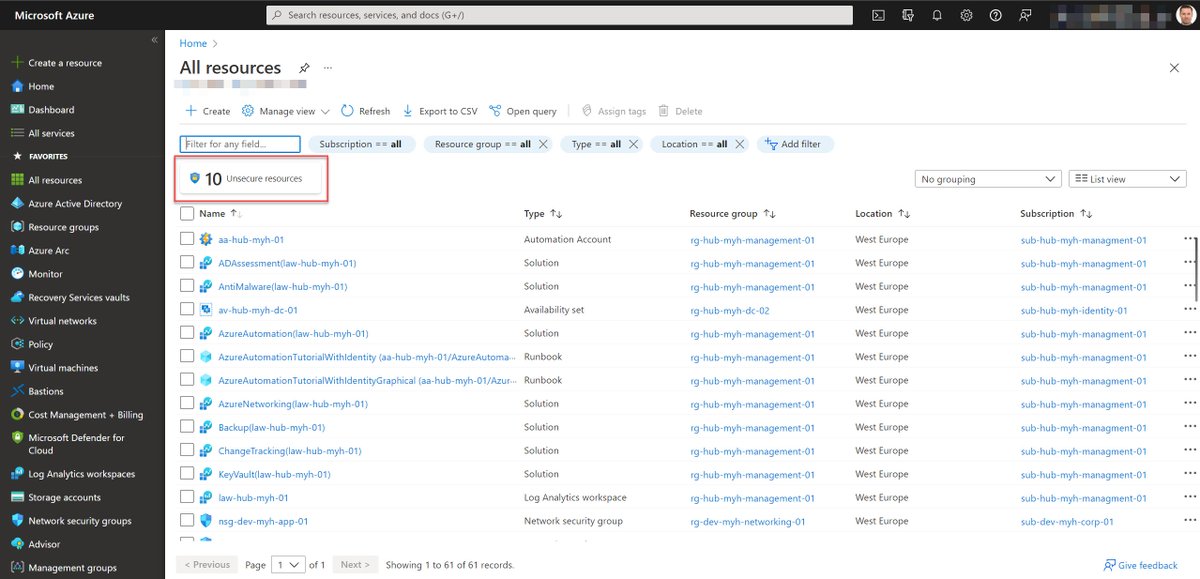 wmatthyssen's tweet photo. ๐ก Really love the "Unsecure resources" button on the All resources page in the Azure Portal.
It really helps you to quickly identify any unhealthy or unsecure resources in your environment. โ๏ธ๐ก๏ธ
#Microsoft #Azure #AzureGovernance #AzureSecurity #AzOps #AzSec #cloudsecurity https://t.co/EAlWIDwN38