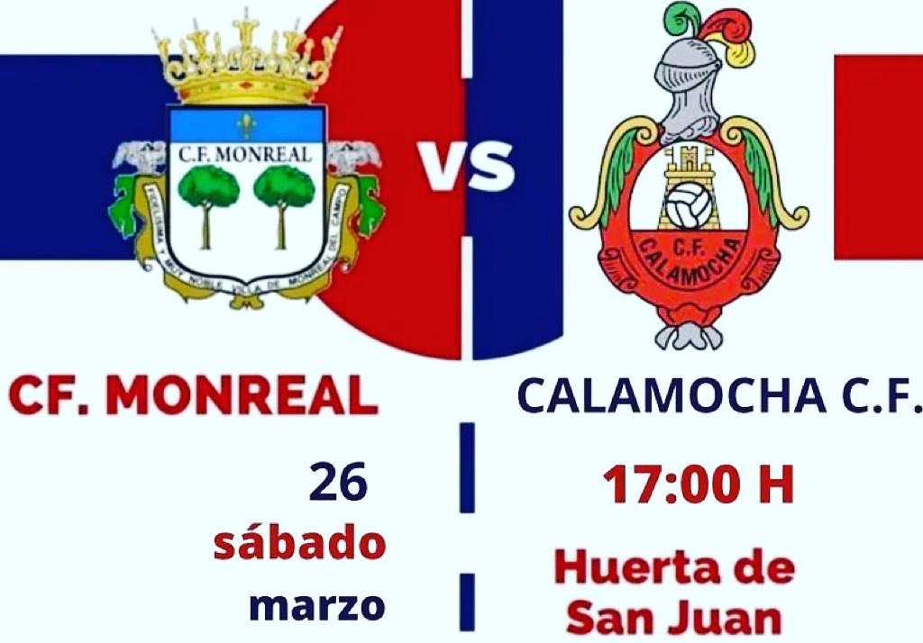 cfcalamocha's tweet photo. ¡ Hola afición! 👋🏻

Mañana juega nuestro primera regional y lo hará frente al C.F.Monreal.

Derbi que seguro que será apasionante y del que esperamos conseguir la victoria para seguir con la racha y continuar lideres de la categoría. 

¡Os esperamos! 

#vamoscalamocha🔴⚪️ https://t.co/aX0a1nvLGE