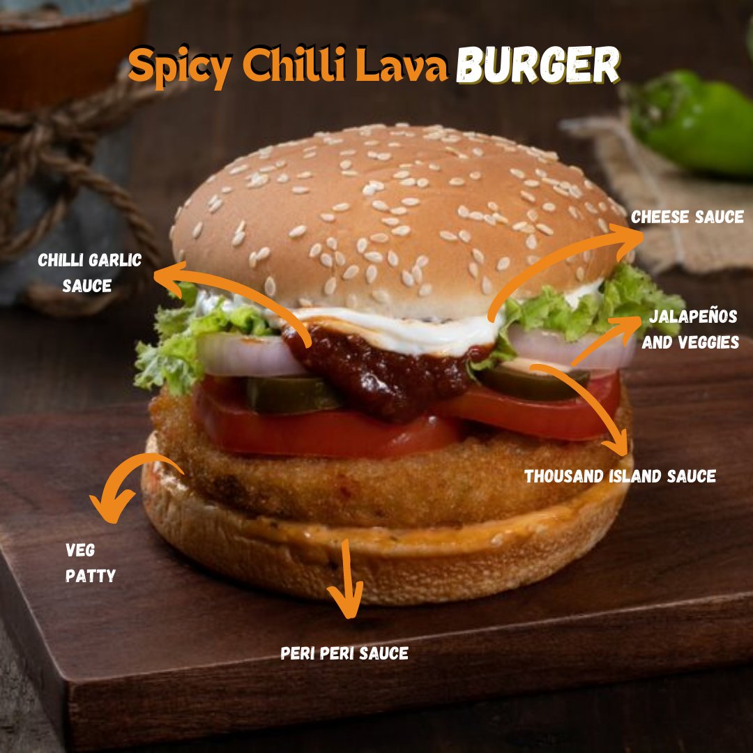 Presenting to you our Spicy Chilli Lava Burger! A heavenly combination of a fried veg patty, veggies, sauces and jalapeno for that KICK! 🔥