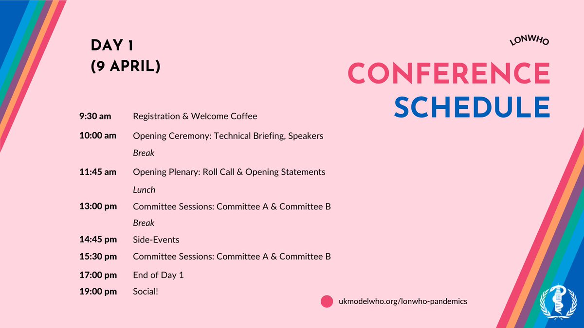 LonWHO's tweet photo. 📅 CONFERENCE SCHEDULE 📅

🤔 Wondering what you’ll be doing at LonWHO? 💡 Here is a summary of the exciting two days we have in store for you! 🤩

Two in-person days at Imperial College 🗣️
Two evening online sessions (delegate training &amp; speaker session) 💻 

#LonWHOpandemics https://t.co/pHpo0w652s