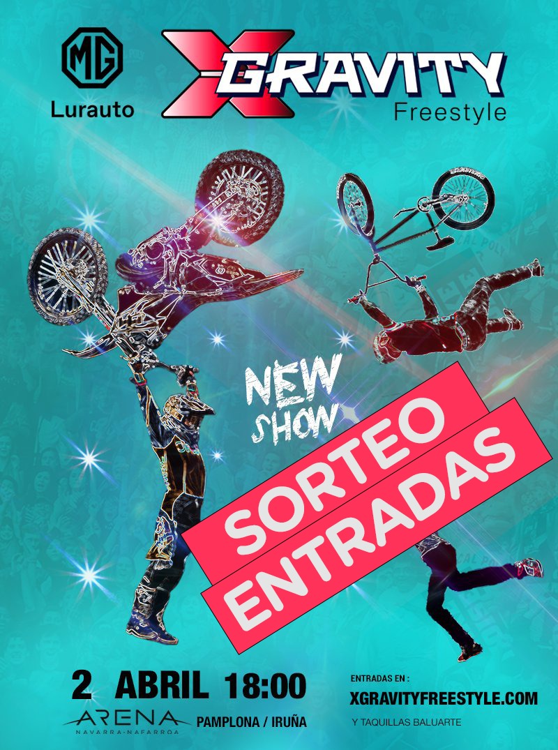 NavarraTVdepor's tweet photo. 📢🎟️¡¡SORTEO!!📢🎟️

¿Quieres una entrada doble para disfrutar del #XGravity el 2 de abril en @NavarraArena?

🏁 Es el evento de deporte extremo del año con los mejores freestylers del mundo

Haz RT y sigue a @Navarratvdepor y @NavarraTV 

El sorteo será el 30 de marzo ¡¡SUERTE!! https://t.co/eGaXr0nwxA