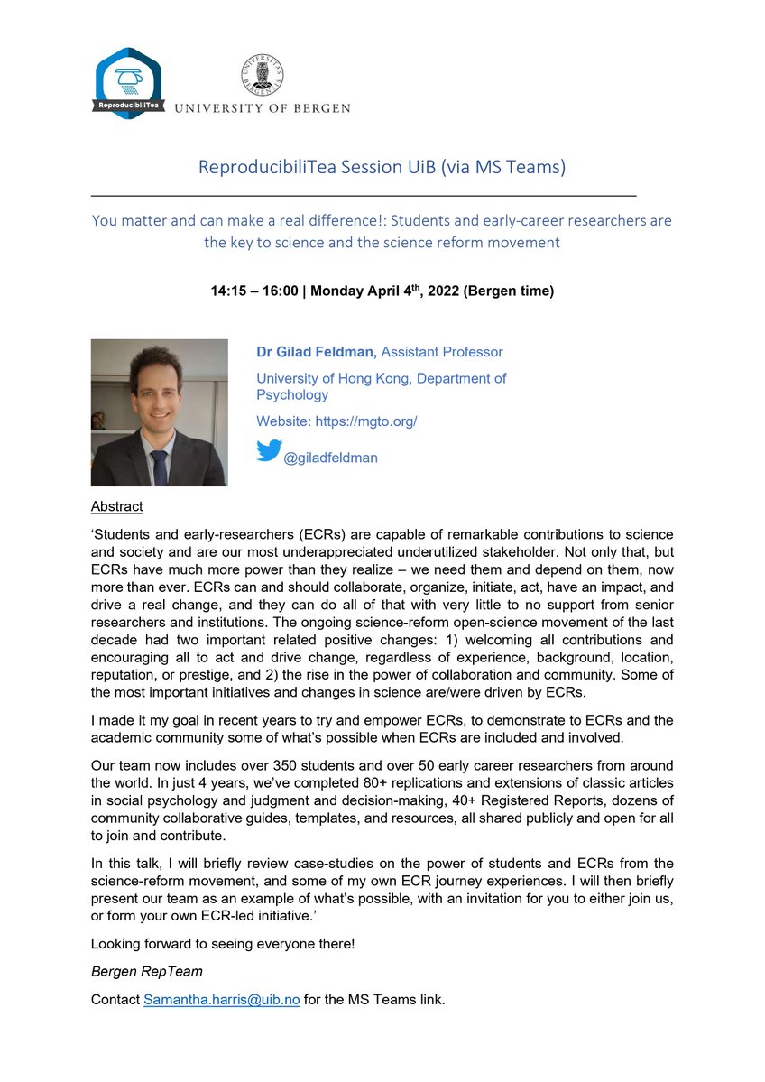 Join us for our upcoming ReproducibiliTea session with  <a href="/giladfeldman/">Gilad Feldman</a> ! Participants are welcome to join in person in Bergen, or via MS Teams (shoot me an e-mail for the link).  <a href="/UiB/">Universitetet i Bergen</a>