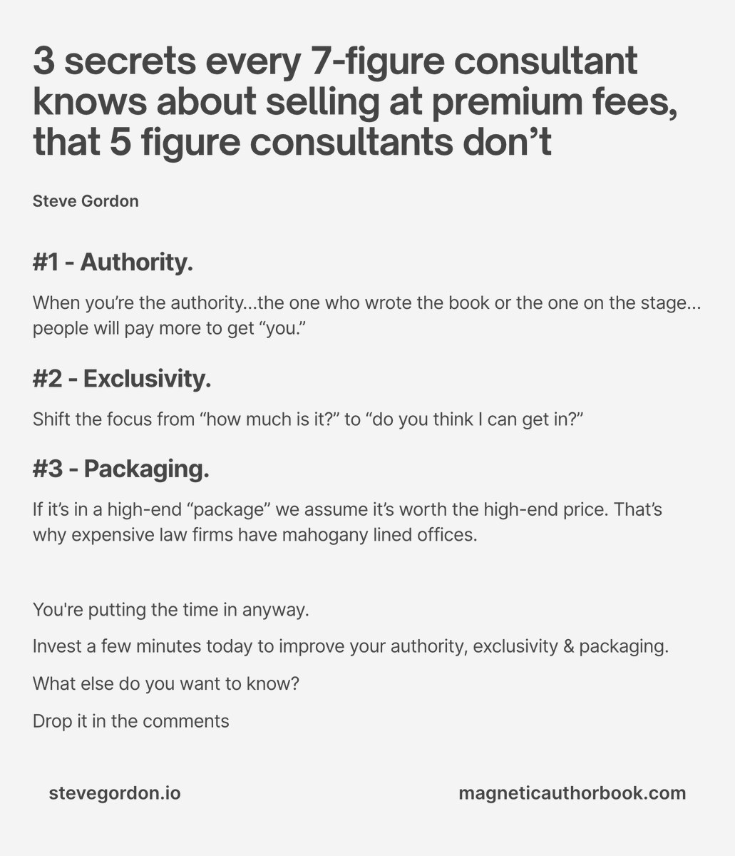 3 secrets every 7-figure consultant knows about selling at premium fees

That 5 figure consultants don’t

Want them? Here you go 👇🏻