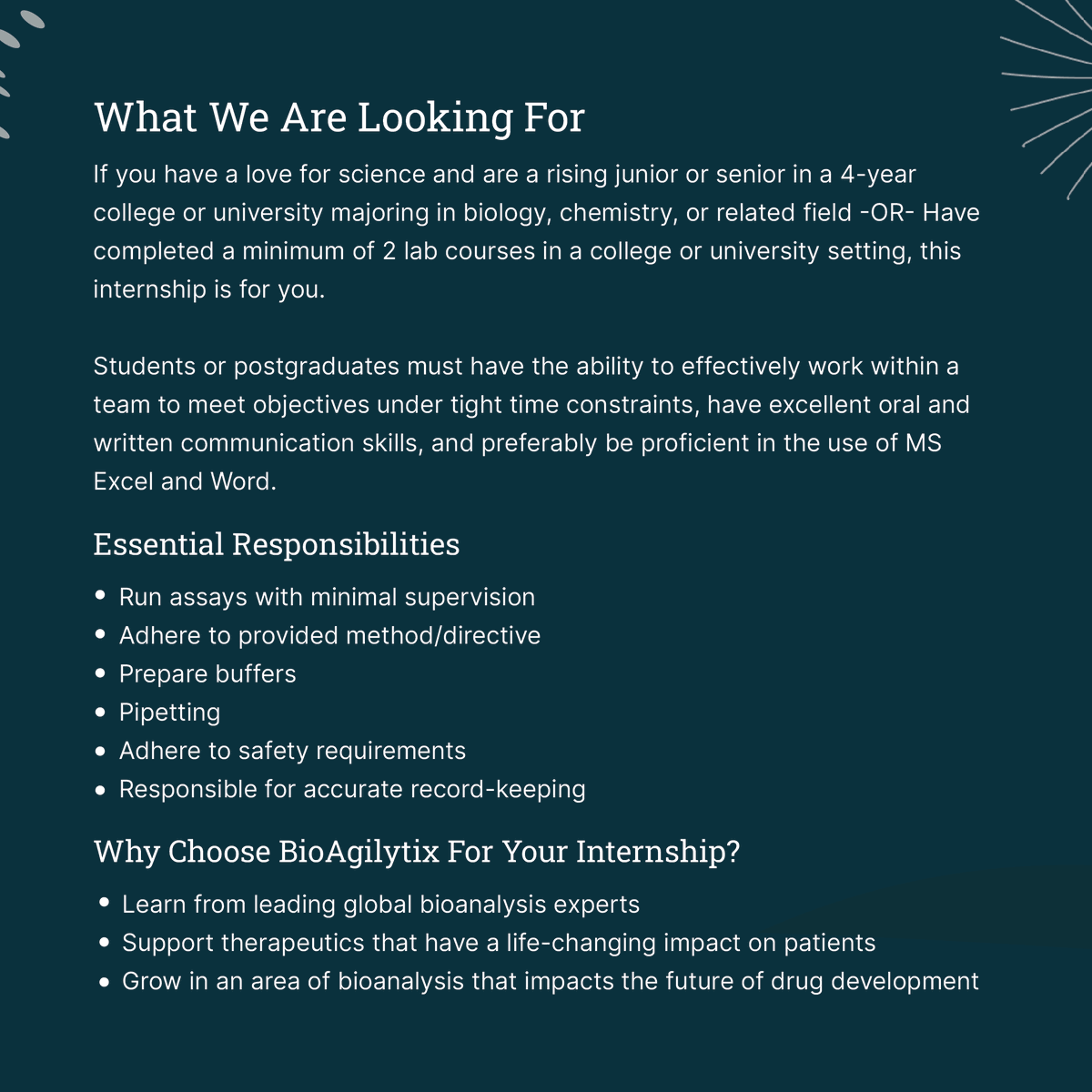 BioAgilytix's tweet photo. Interested in an #internship in the pharmaceutical & biotech industry? BioAgilytix is actively seeking our next class of Spring/Summer Interns. Don't miss this opportunity and apply now! Submit your application at https://t.co/WTKjN6QKa0 on our careers page. #ScienceInternship https://t.co/JlnG4X33bI