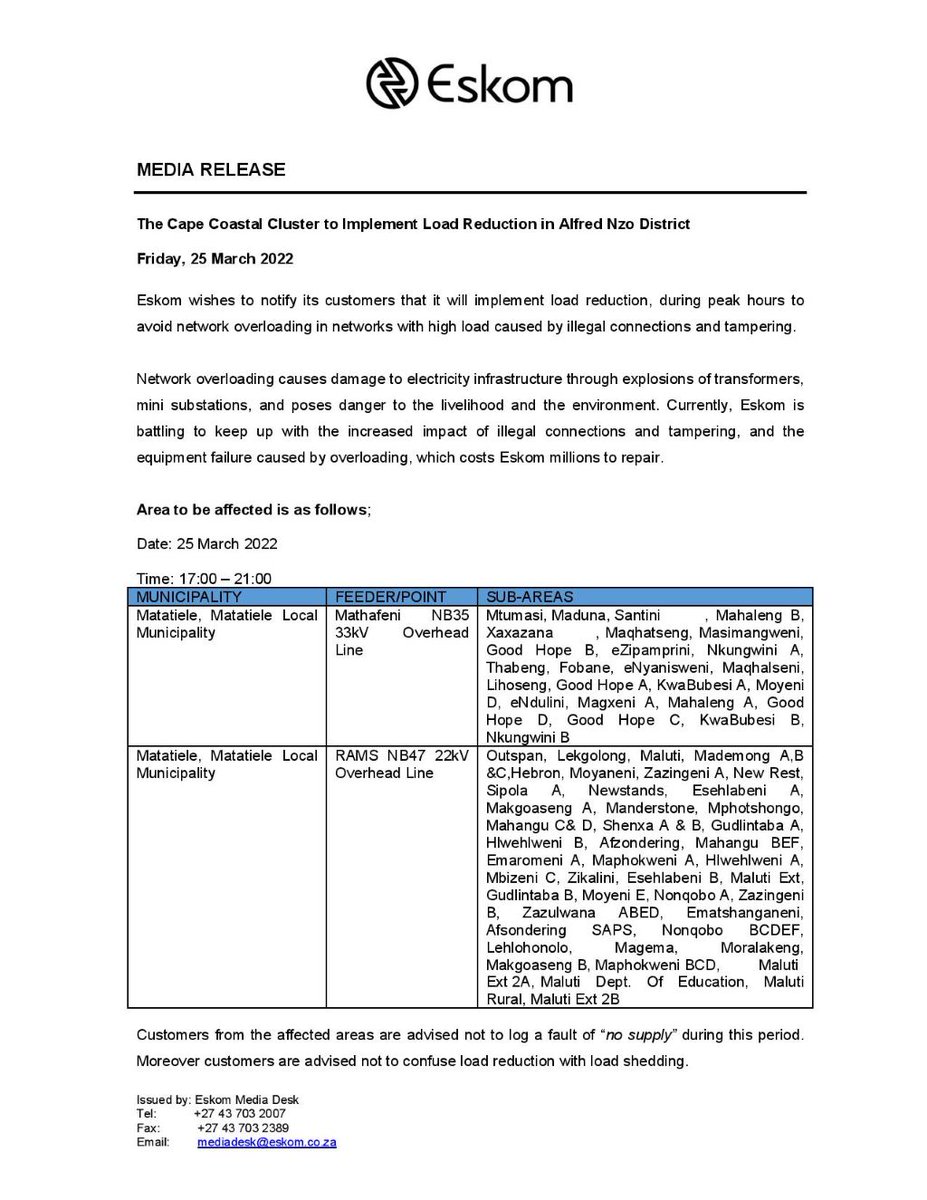 Eskom_SA's tweet photo. Eskom Load Reduction Notice

Date: 25 March 2022

#EskomEasternCape #EskomFreeState #EskomGauteng #EskomKZN

Please see below the provincial statements for details and areas that will be affected today during the hours of 17:00 until 22:00 (times may differ per province) https://t.co/uBTPlsDhVl
