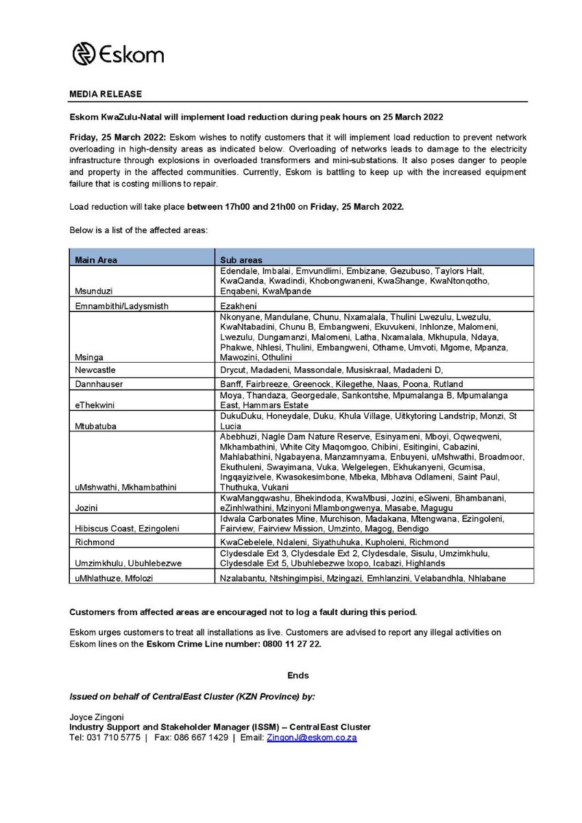 Eskom_SA's tweet photo. Eskom Load Reduction Notice

Date: 25 March 2022

#EskomEasternCape #EskomFreeState #EskomGauteng #EskomKZN

Please see below the provincial statements for details and areas that will be affected today during the hours of 17:00 until 22:00 (times may differ per province) https://t.co/uBTPlsDhVl