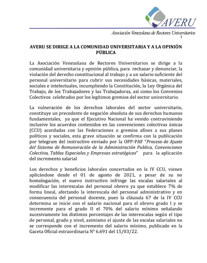 UniversateRadio's tweet photo. La Asociación Venezolana de Rectores Universitarios (AVERU), emitió un comunicado en el que rechaza las nuevas tablas salariales enviadas por el Ministerio de Educación Universitaria. Asimismo, el ente gremial exigió al Gobierno nacional respetar sus derechos laborales. ¡Dale RT! https://t.co/NBfNIOZwRC