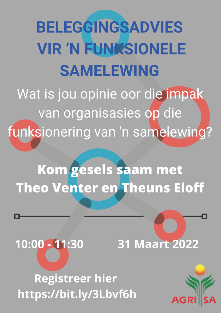 𝗕𝗲𝗹𝗲𝗴𝗴𝗶𝗻𝗴𝘀𝘄𝗮𝗮𝗿𝗱𝗲 𝘃𝗮𝗻 '𝗻 𝘃𝗼𝗹𝗵𝗼𝘂𝗯𝗮𝗿𝗲 𝘀𝗮𝗺𝗲𝗹𝗲𝘄𝗶𝗻𝗴

Wat is jou opinie oor die impak van organisasies
op die funksionering van 'n samelewing?

Wees deel van die gesprek: teams.microsoft.com/registration/A…

#webinar #landbou #belegging #boere #ekonomie