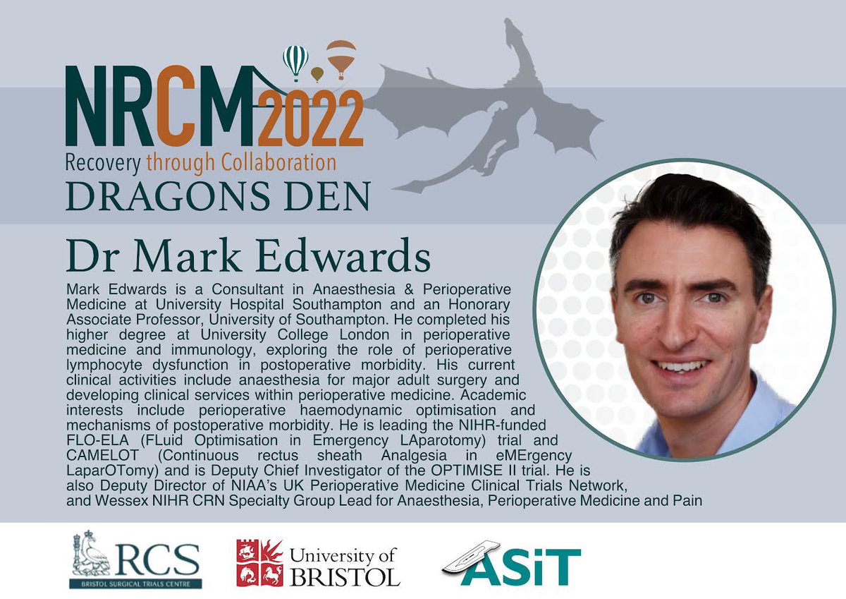 NRCM 2022 (@nrcm2022) on Twitter photo Dr Mark Edwards @dr_mark_edwards is a Consultant in anaesthesia and peri operative medicine <a href="/UHSFT/">University Hospital Southampton š</a> and Associate Professor in the University of Southampton.
We are very excited to welcome Dr Edwards as part of our esteemed panel of Dragons! Register: app.medall.org/event-listings⦠Dr Mark Edwards @dr_mark_edwards is a Consultant in anaesthesia and peri operative medicine <a href="/UHSFT/">University Hospital Southampton š</a> and Associate Professor in the University of Southampton.
We are very excited to welcome Dr Edwards as part of our esteemed panel of Dragons! Register: app.medall.org/event-listingsā¦