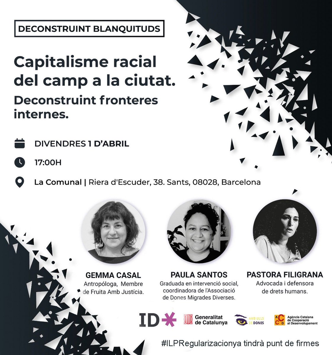 Cicle de seminaris Deconstruint Blanquituds, divendres 1 d’abril a les 17h a <a href="/lacomunalsants/">La Comunal</a> amb <a href="/PastoriFiligran/">Pastori Filigrana</a> <a href="/Gemmacasal/">Gemma Casal Fité</a> de <a href="/destriem_ponent/">Fruita amb Justícia Social</a> i Paula Santos de <a href="/MujeresMigrante/">Asociación Mujeres Migrantes Diversas</a> modera la taula @victoriammoya de <a href="/AfrofemKoop/">AfroFem Koop</a> #ILPRegularizacionya tindrà punt de firmes.