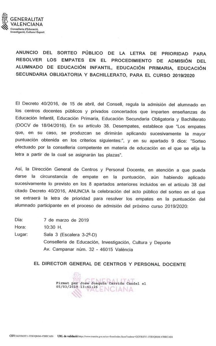 obpalacios's tweet photo. @VicentMarza @GVAeducacio para que un sorteo público (art. 43 bis Decreto 40/2016) así lo sea ha de ANUNCIARSE, cosa ya realizada en otras ocaciones (ejemplo adjunto), de lo contrario no estamos hablando de sorteo público sino de un amaño/tongo/chanchulleo, lo que más os guste! https://t.co/iYlSP4vf5I
