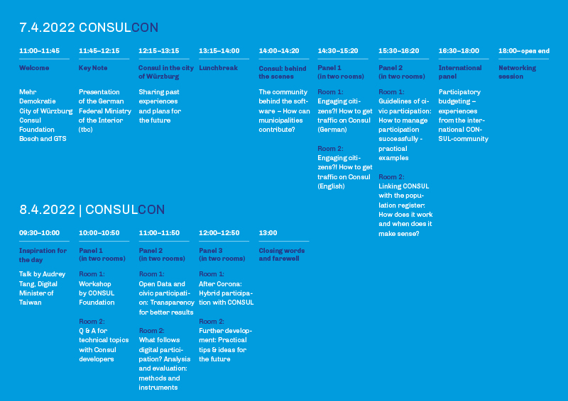 🗓️ Conférence sur la démocratie numérique: 
Les 7 et 8 avril <a href="/Volksentscheid/">Mehr Demokratie e.V.</a> organise des ateliers en hybrid et en anglais sur la participation numérique et la plateforme Consul #ConsulCon
Inscription ici: consul.mehr-demokratie.info/consulcon-2022…