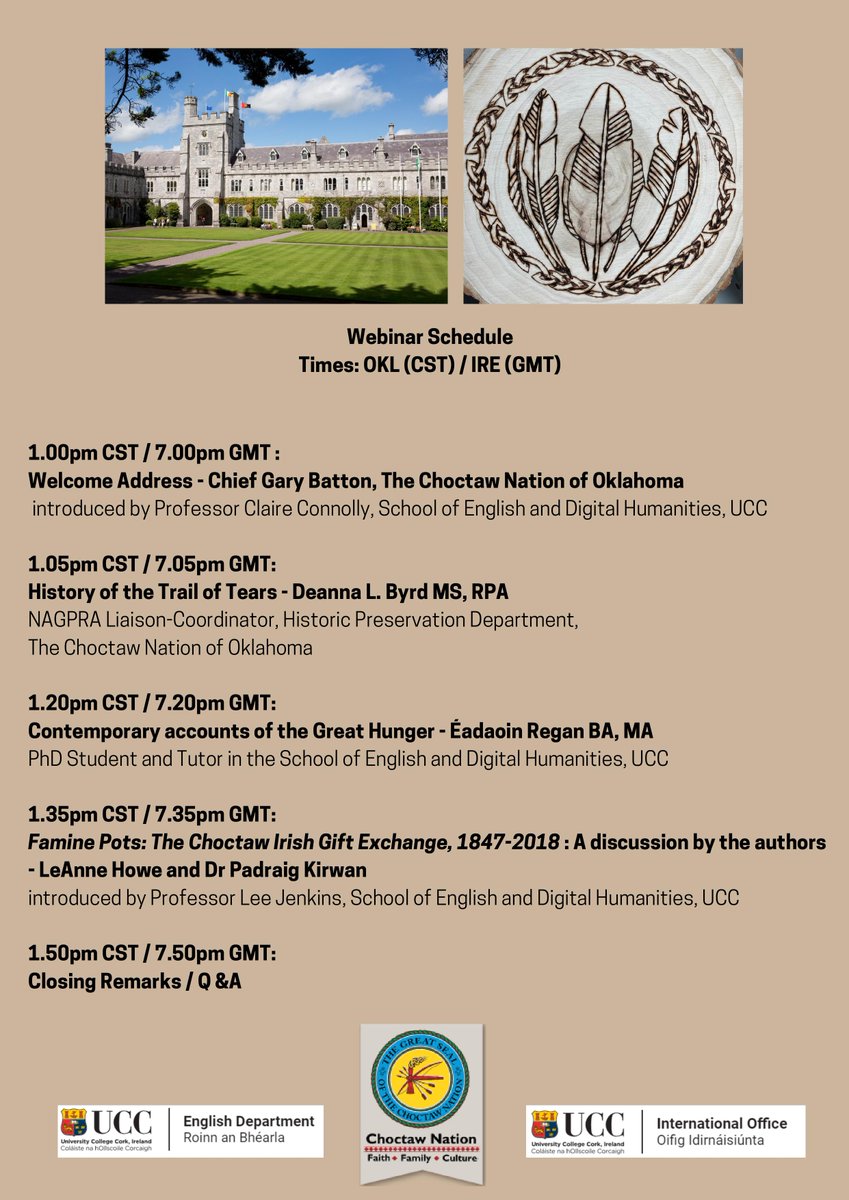 EnglishUCC's tweet photo. On March 30th 2022, @EnglishUCC will host a joint event with @choctawnationOK. This online event will discuss the Trail of Tears, the Great Hunger (Ireland), and the Choctaw Gift. Thanks to @UCCInt for their support.
See poster for details. Email eadaoin.regan@ucc.ie for  link. https://t.co/GD5mz5tNcz