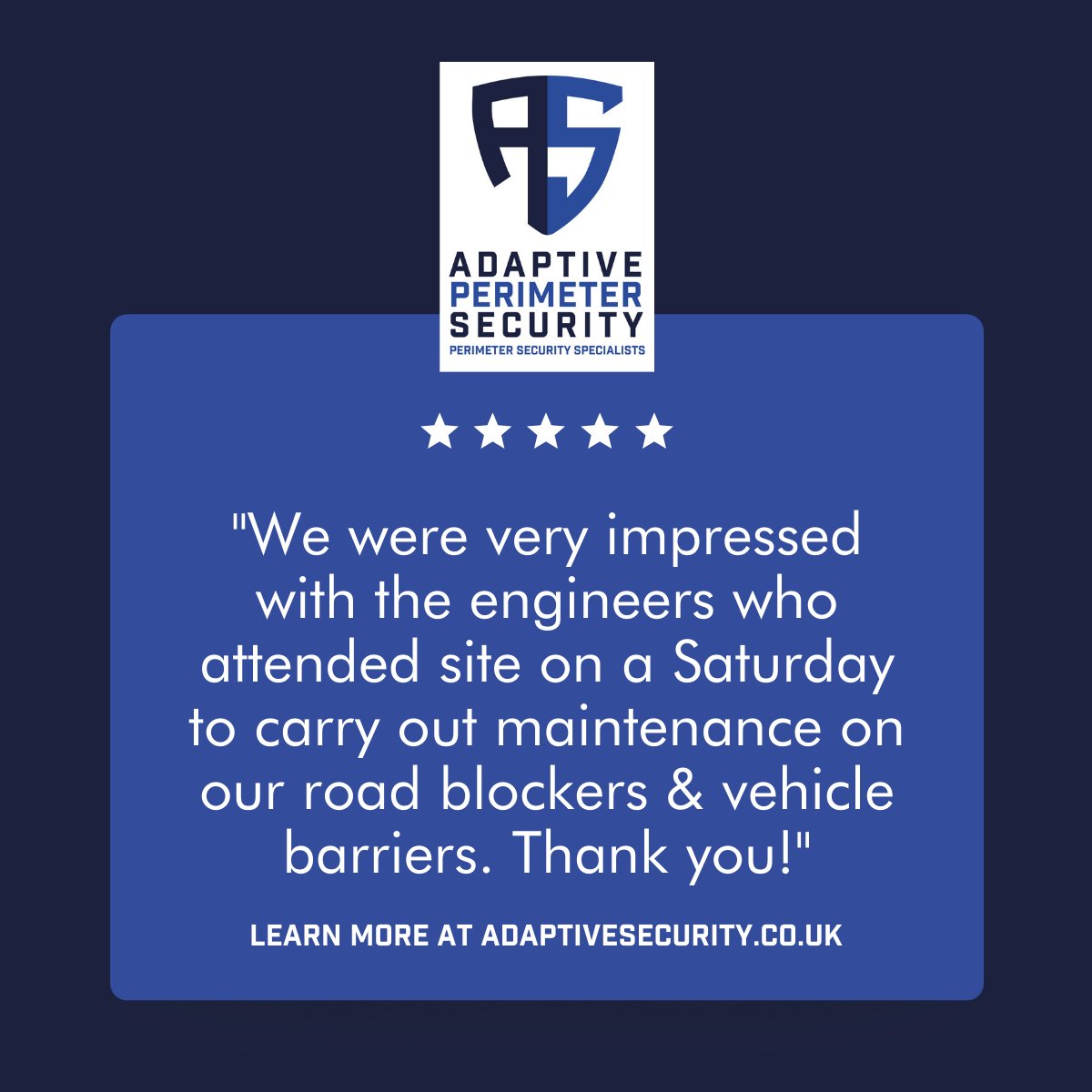 AdaptiveSecuri2's tweet photo. Thank you so much to our customer, a large distribution centre, for their kind words about our engineers who carried out planned preventative maintenance.

#CustomerService #SecurityBollards #WeAreAdaptive https://t.co/4XTJ8KpIOM