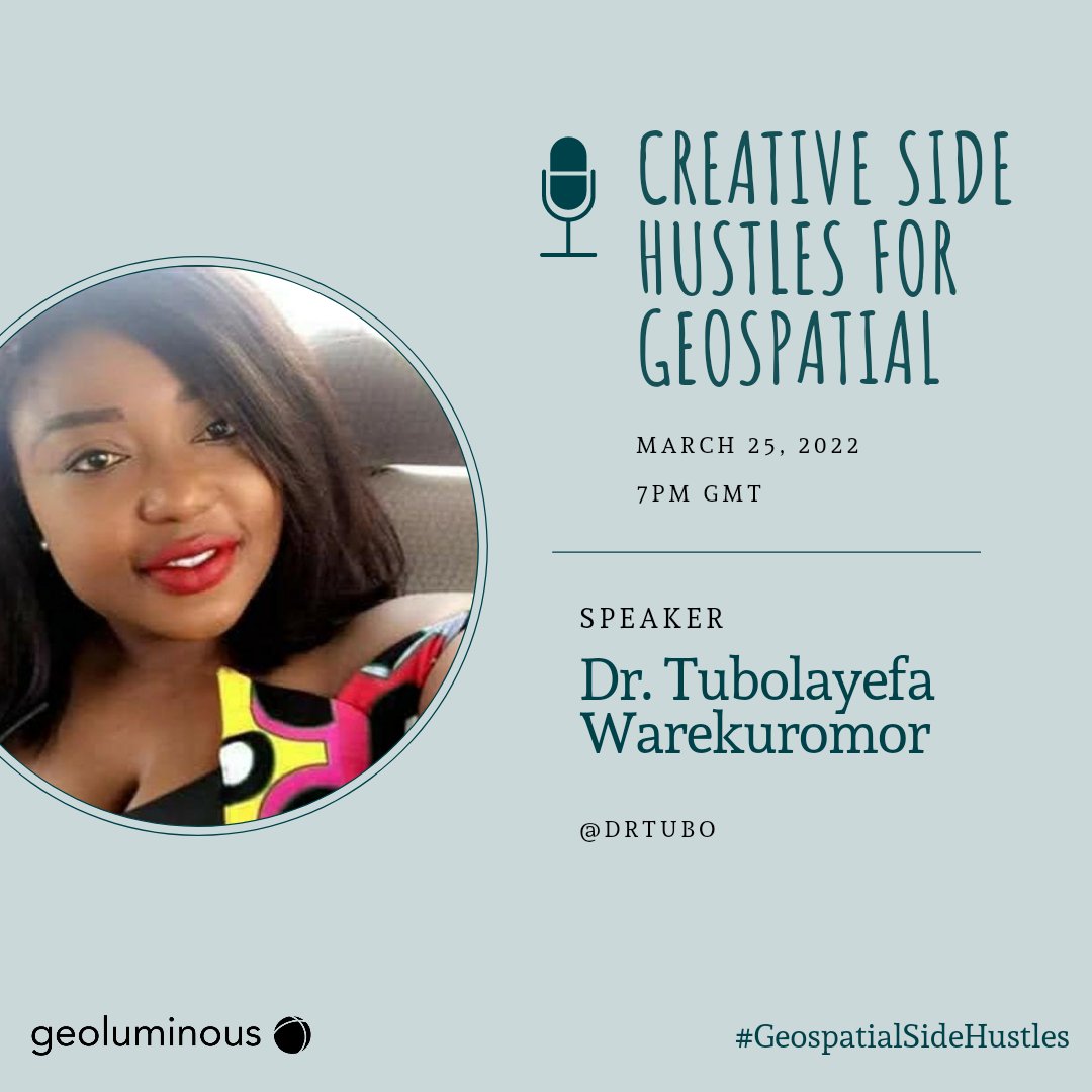 geoluminousCo's tweet photo. 🔊The D-day is here!!!🎊🎉
Join @DrTubo today at 7pm GMT as she talks about how she uses her geospatial skills in various freelancing projects outside her 9 to 5!

Set your reminders 😁😁
🕖: 7️⃣.0️⃣0️⃣pm GMT

#GISchat #GeospatialSideHustles 

https://t.co/OuI7XgoM6A https://t.co/m9NuLPVnTZ