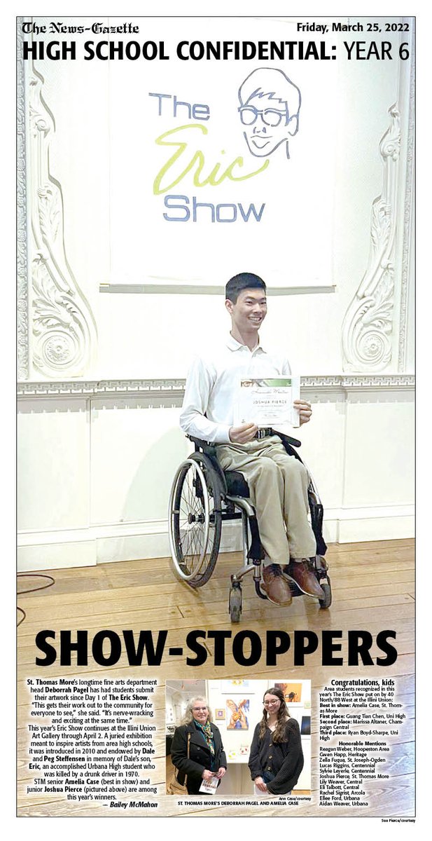 news_gazette's tweet photo. FRIDAY PRINT:

Congrats to the kids from  @StThomasMoreHS, @unihigh, @Unit4Schools, @Urbana116, @TorchAHS, @SJOSpartans, @Heritage_CUSD8, @HoopestonAreaHS for their award-winning work at The Eric Show (@40north88west) on display at @IlliniUnion. 

#HighSchoolConfidential https://t.co/28ssMkiIfx