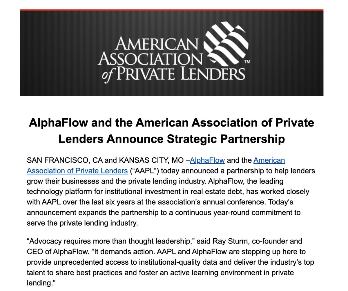 AlphaFlow's tweet image. @AlphaFlow and @American Association of Private Lenders announce industry partnership today!