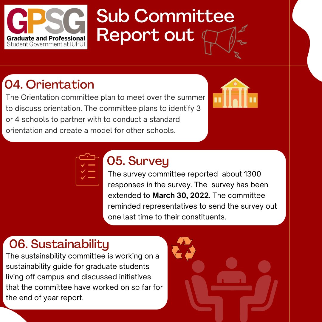 GPSG_IUPUI's tweet photo. 03.24.2022 GA meeting| Get the scoop on current discussions within the subcommittees, the election process, announcements from the executive team, and topics raised by school representatives.
.
#gradjag #iupui #studentgovernment #spring2022 https://t.co/LCEFMFLp3x