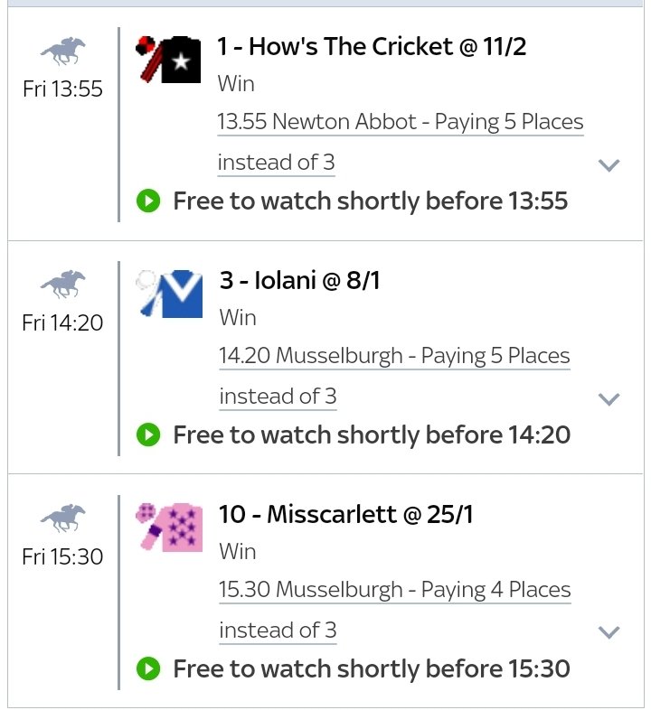 ExtraPlacePunts's tweet image. No joy at Cheltenham so I gave myself a week off. 

First bet since then placed today on a EW treble in the #skybet extra place races at Newton Abbot and Musselburgh 🏇🏻🏇🏿🏇🏽