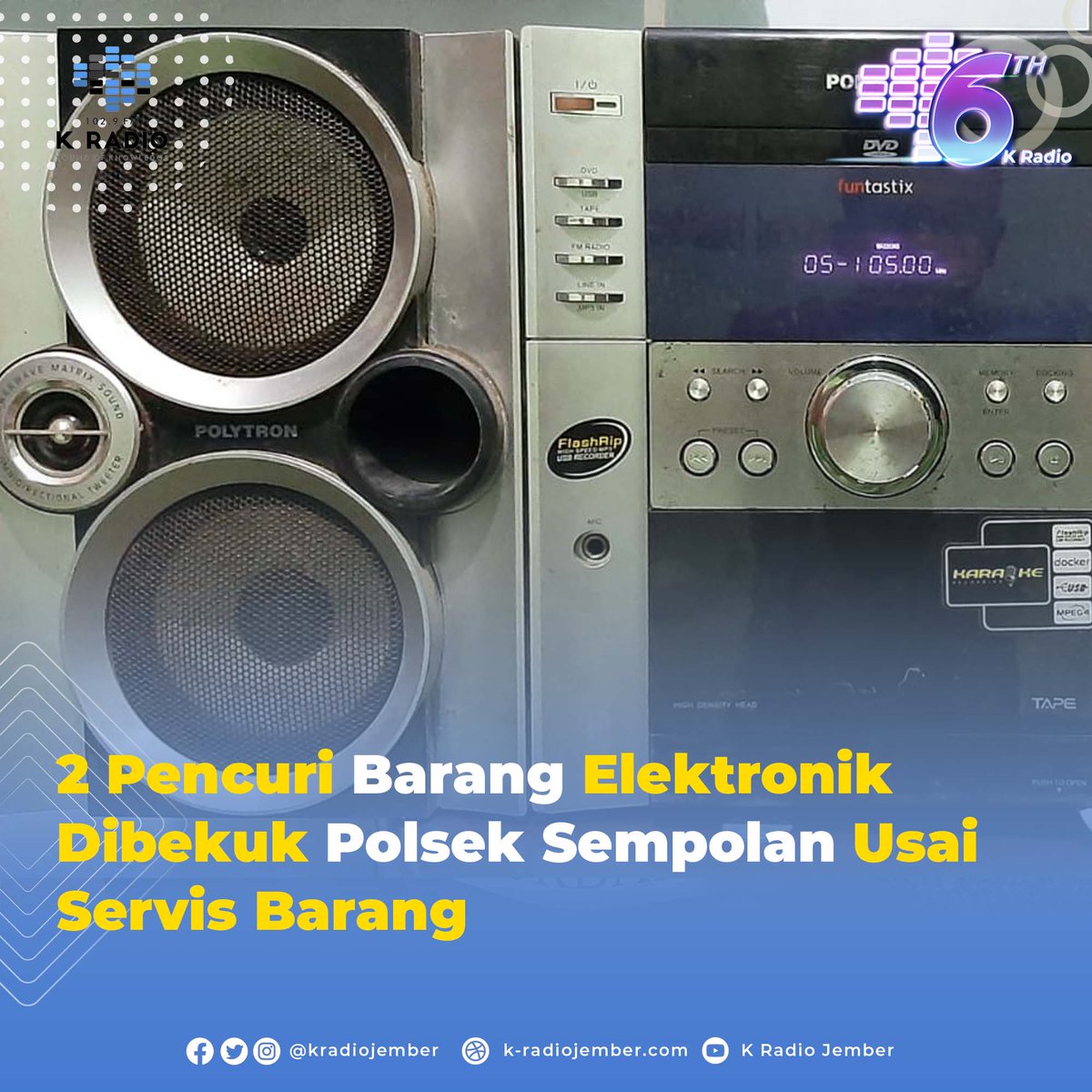 kradiojember's tweet photo. 2 orang yang diduga spesialis pencuri barang elektronik dengan sasaran warga desa di Jember, berhasil dibekuk Polsek Sempolan. Baca berita lainnya di: https://t.co/O7poKJfPtJ https://t.co/GAQMpcy4U2